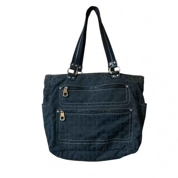 Fossil Modern Vintage Black Logo Fabric Tote Bag Canvas Straps Women’s Pocket - Picture 1 of 16